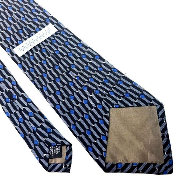 Perry Ellis Portfolio Silk Tie Print Gray Black Geometric Wide Italy USA - Picture 3 of 6